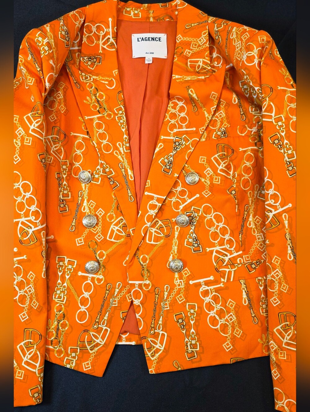 L'AGENCE Orange Chain-Print Double-Breasted Blazer